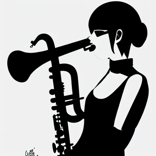 Image similar to an ink drawing of a tech punk girl playing the saxophone by ilya kuvshinov, black and white, white outline, high contrast