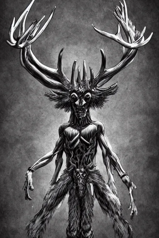 Image similar to humanoid figure monster with antlers, highly detailed, digital art, sharp focus, trending on art station, kentaro miura manga art style