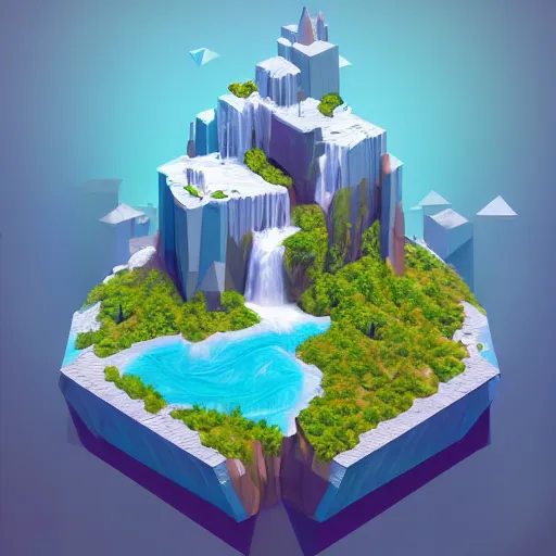 Image similar to new york surrounded by waterfalls on a floating island in the sky, low poly art, isometric art, 3d render, ray tracing, high detail, artstation, concept art, behance, smooth, sharp focus, ethereal lighting, unreal engine 5