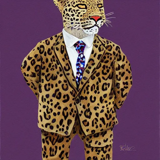 Prompt: painting of leopard wearing suit and tie, digital art,