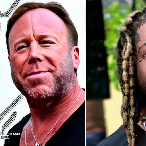 Prompt: Alex Jones appears as Lil Wayne with dreadlocks and facial tattoos, close up, high quality, photo