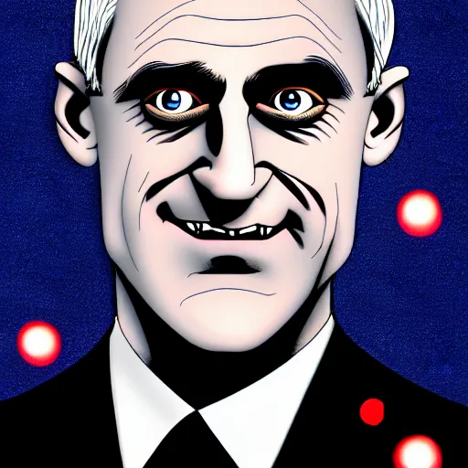 Prompt: bright glowing eyes, digital illustration of secretary of denis mcdonough face with demonic laser eyes, cover art of graphic novel, eyes replaced by glowing lights, glowing eyes, flashing eyes, balls of light for eyes, evil laugh, menacing, Machiavellian puppetmaster, villain, clean lines, clean ink