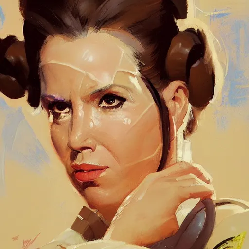 Image similar to greg manchess portrait painting of leia organa as overwatch character, medium shot, asymmetrical, profile picture, organic painting, sunny day, matte painting, bold shapes, hard edges, street art, trending on artstation, by huang guangjian and gil elvgren and sachin teng