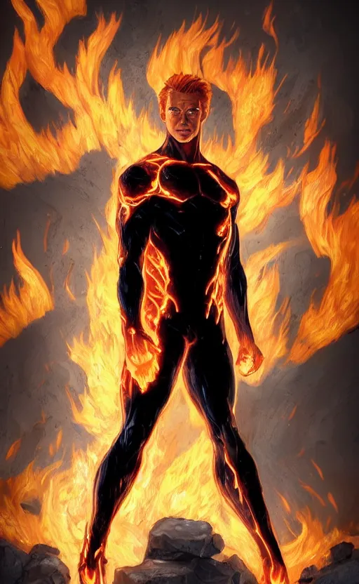 Prompt: human torch, highly detailed, digital painting, artstation, standing, flames around body, facing forward, concept art, smooth, sharp focus, illustration, art by arthur adams and ross tran, in the style of krenz cushart and ilya kuvshinov, 3D render, Octane render + unreal render, high definition, 8k, volumetric lighting