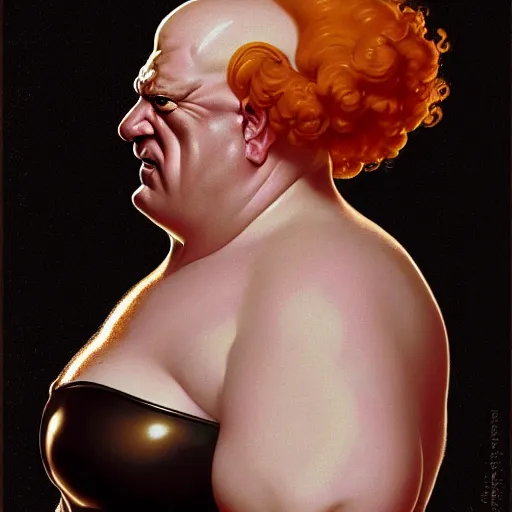 Image similar to upper body portrait of christina hendricks as baron harkonnen in a black oil bath by norman rockwell and boris vallejo, artstation, concept creature character art