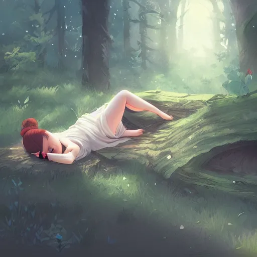 Prompt: a girl sleeping in a forest, she is laying down. in the style of rossdraws, wlop, greg rutkowski, ghibli