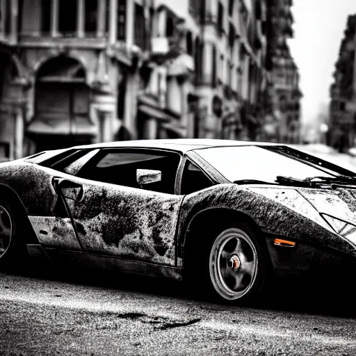 Prompt: black and white press photograph of a rusted abandoned lamborghini on a busy city street, sideview, detailed, natural light, mist, film grain, soft vignette, sigma 5 0 mm f / 1. 4 1 / 1 0 sec shutter, imax 7 0 mm footage