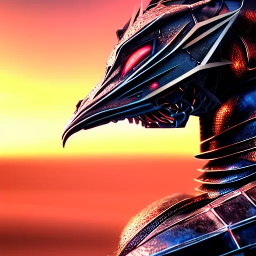 Image similar to close up bust shot, realistic detailed stunning beautiful armored anthropomorphic humanoid female robot dragon, looking to the side, sleek streamlined armor and design made of steel, sharp claws and sharp teeth, Slick LEDs, standing on two legs, on the beach during sunset, high quality, cinematic art, sunset lighting, artstation, deviantart, furaffinity