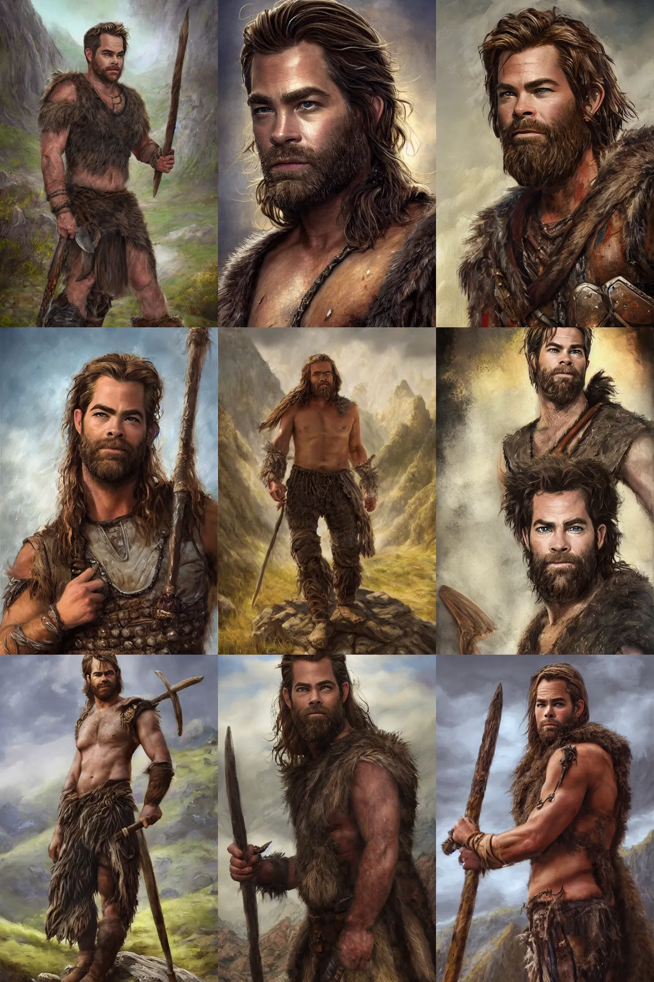 Prompt: a full body high detail fantasy portrait oil painting illustration of Chris Pine as a single rugged stoic barbarian man by Justin Sweet with face and body clearly visible, in a scenic background, pupils visible, realistic proportions, d&d, rpg, forgotten realms, artstation trending, high quality, sombre mood, artstation trending, muted colours, no crop, entire person visible!, natural light, Adobe Photoshop, Adobe Lightroom, photolab, Affinity Photo,