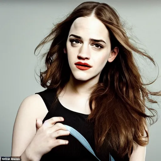 Image similar to a woman who is a genetic combination of kat dennings and emma watson face and upper - body focus