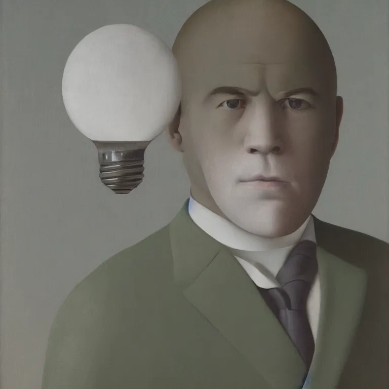 Image similar to portrait of a man, his head is a lightbulb, by rene magritte, detailed painting, hd, hq, high resolution, high detail, 4 k, 8 k