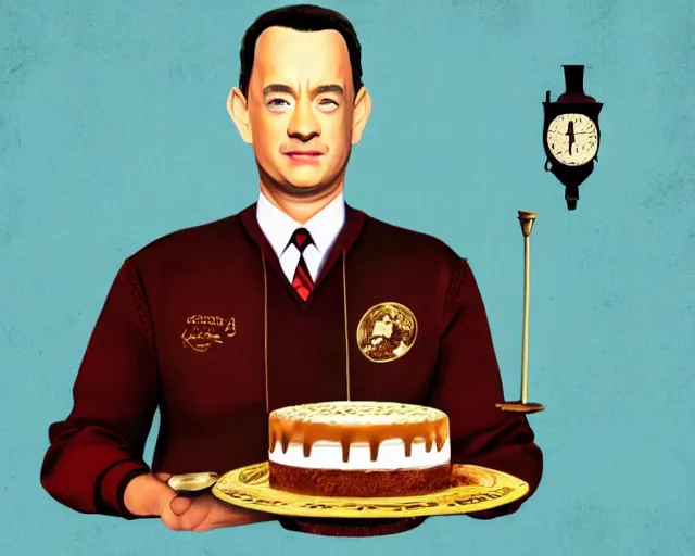 Image similar to tom hanks as forrest gump eating a cake in hogwarts, digital art, highly detailed, artstation, award winning, in the style of Irina French