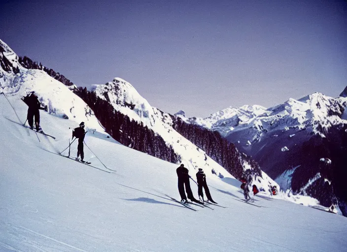 Prompt: a 3 5 mm kodachrome photo of people skiing in the swiss alps in the 1 9 5 0's, bokeh, canon 5 0 mm, cinematic lighting, film, photography, golden hour, depth of field, award - winning