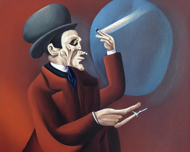 Image similar to a surreal painting of man smoking a joint