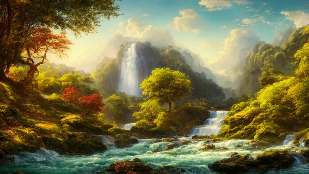 Image similar to the most beautiful panoramic landscape, oil painting, where a giant dreamy waterfall creates a river, the trees around are starting to bloom, cinematic lighting, highly detailed