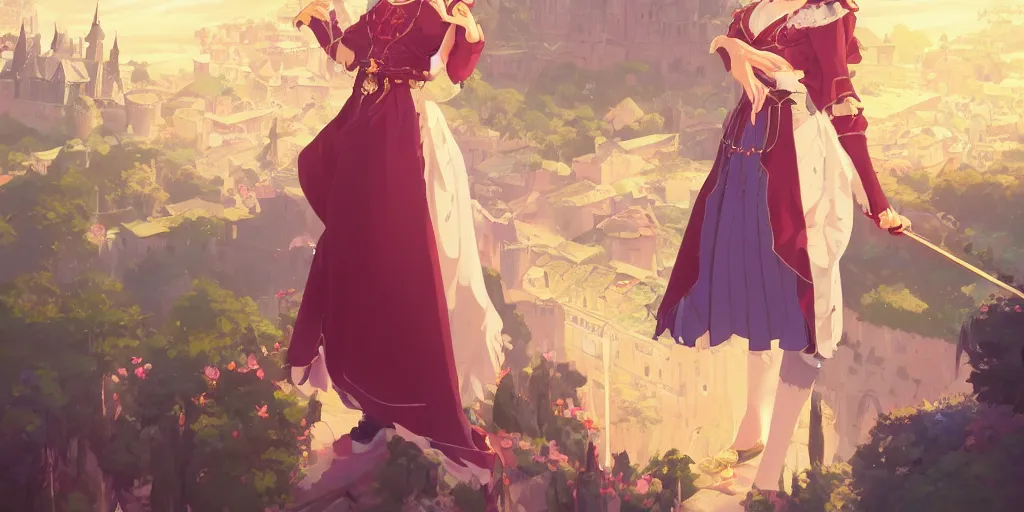 Image similar to portrait of elegant runette as a medieval royalty, medieval castle background, shallow focus, rich vivid colors, ambient lighting, dynamic lighting, 4k, official media, anime key visual, makoto shinkai, ilya kuvshinov, lois van baarle, rossdraws, detailed, trending on artstation