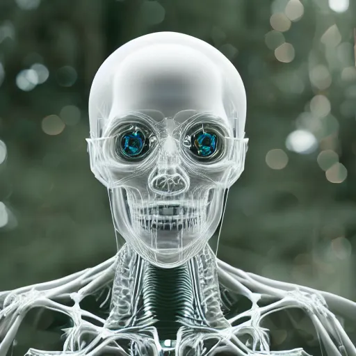 Image similar to very detailed portrait 55mm photo of a mechanical head without skin, with crystal bones and optic fiber nerves, gears in his head and cybernetic enhancements in it's transparent skull. Has cameras for eyes. In the forest with bokeh. Ray tracing and tessellation. Very sharp high detailed 8k image