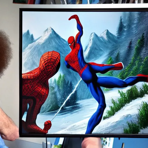 Image similar to a closeup photorealistic photograph of bob ross working on a canvas painting of spiderman. film still. brightly lit scene. mountains and trees. this 4 k hd image is trending on artstation, featured on behance, well - rendered, extra crisp, features intricate detail, epic composition and the style of unreal engine.