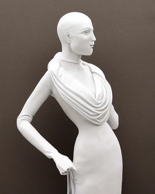 Prompt: ball shaped accordion sleeve haute couture, striking pose, dynamic folds, volume flutter, youthful, modeled by designer bust sculpture, award fashion, expert composition, professional retouch