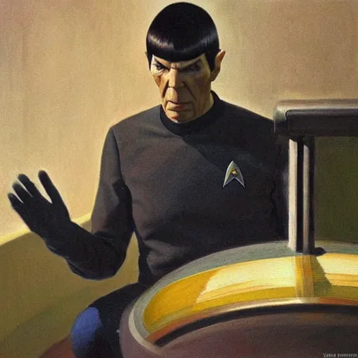 Image similar to spock ( leonard nimoy ), the vulcan officer from star trek on the bridge of the enterprise. oil painting in the style of edward hopper and ilya repin. detailed and realistic.