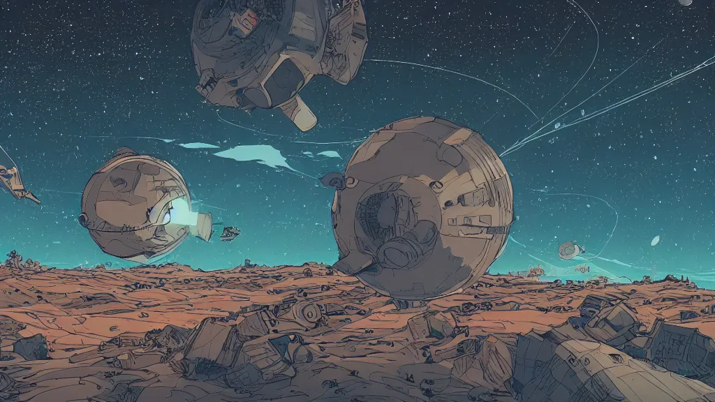 Prompt: very detailed, prophet graphic novel, ilya kuvshinov, mcbess, rutkowski, simon roy, illustration of a space junk floating in space around a dead planet, wide shot, colorful, deep shadows, astrophotography