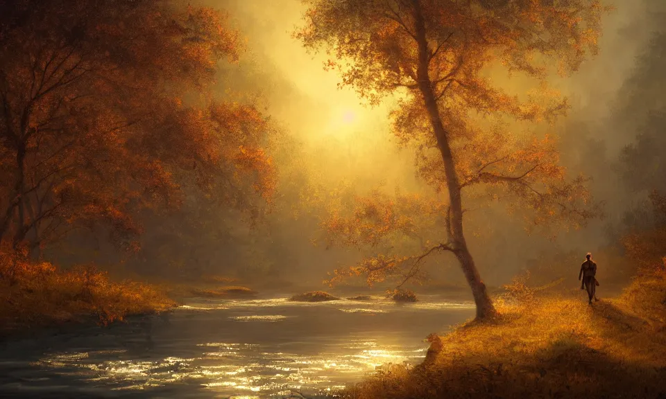 Prompt: A legend of kora background painting of an adventurer walking along the river bank in a forest during the golden hour in autumn, surrounded by dust and volumetric light shining through the tree tops