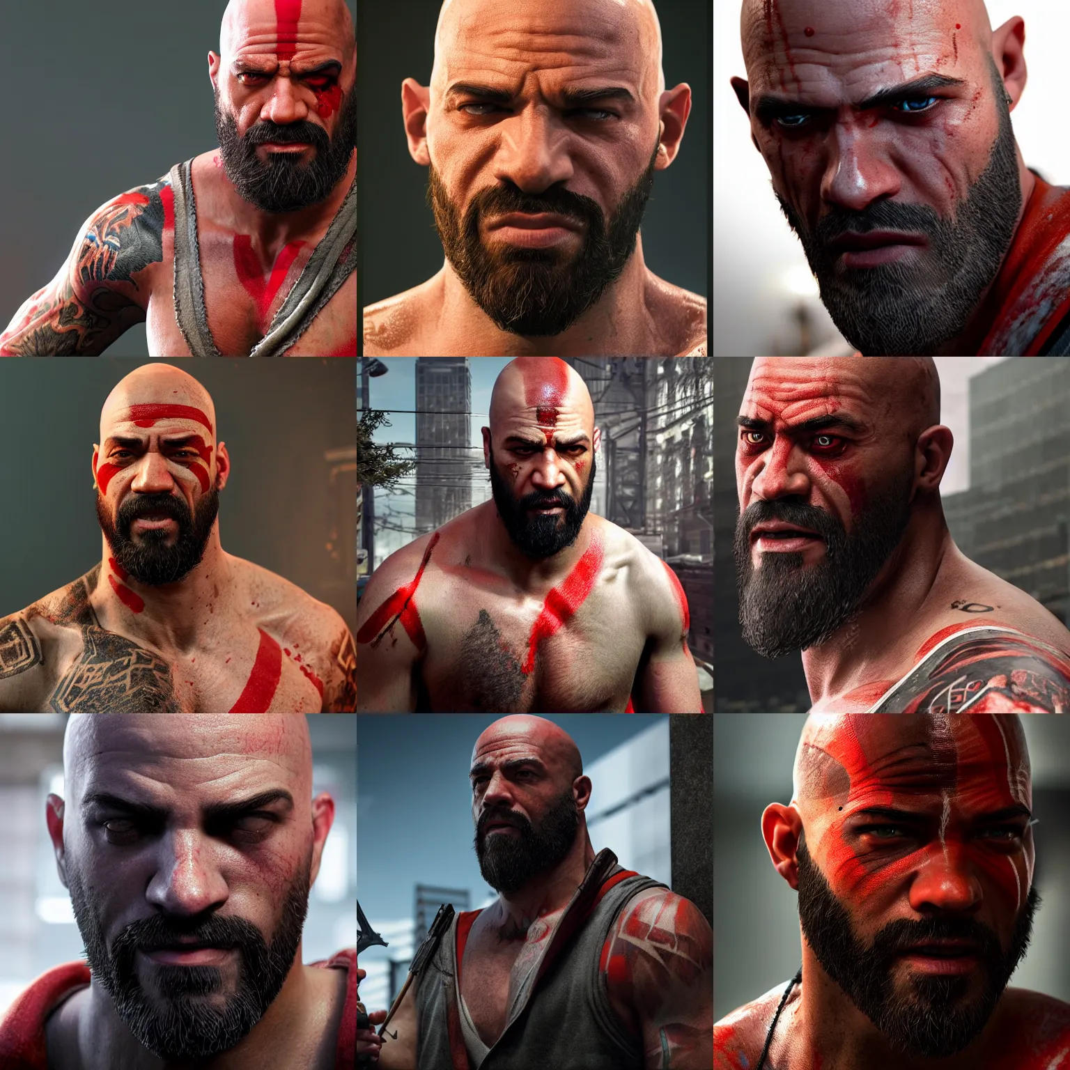 Prompt: CJ from GTA merged with Kratos, ultra realistic, concept art, intricate details, dark, highly detailed, photorealistic, octane render, 8k, unreal engine