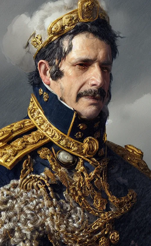 Image similar to official Portrait of a middle-aged napoleonic King, Hispanic, male, detailed face, 19th century, highly detailed, cinematic lighting, digital art painting by greg rutkowski