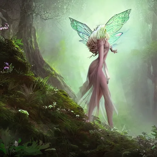 Image similar to a divine fairy druid forest goddess ascending into a new universe, in the style of wlop and vanessa lemen and charlie bowater, illustration, epic, fantasy, hyper detailed, unreal engine, ray tracing