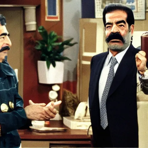 Image similar to A still of Saddam Hussein in a 1980s sitcom