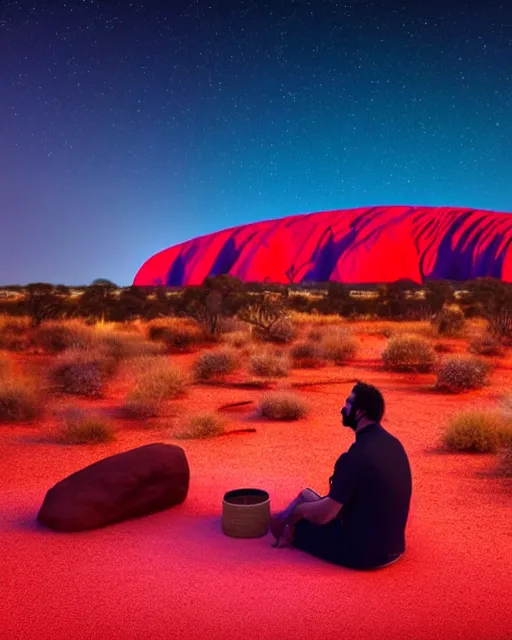 Prompt: close - up of man sitting at uluru playing medicine drum at campfire under cosmic night sky, global illumination radiating a glowing aura global illumination ray tracing hdr render in unreal engine 5, dramatic atmospheric volumetric lighting