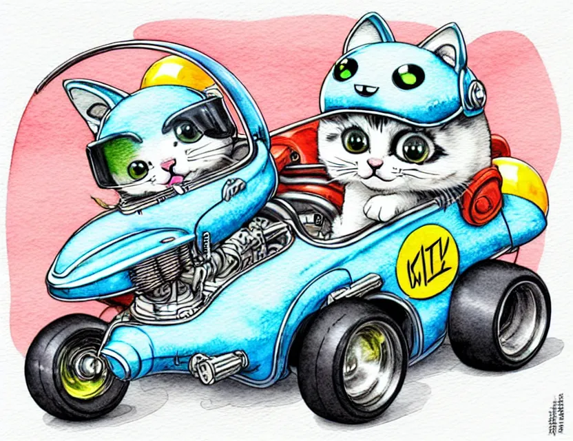 Image similar to cute and funny, kitten wearing a helmet riding in a tiny hot rod with oversized engine, ratfink style by ed roth, centered award winning watercolor pen illustration, isometric illustration by chihiro iwasaki, edited by range murata, tiny details by artgerm and watercolor girl, symmetrically isometrically centered