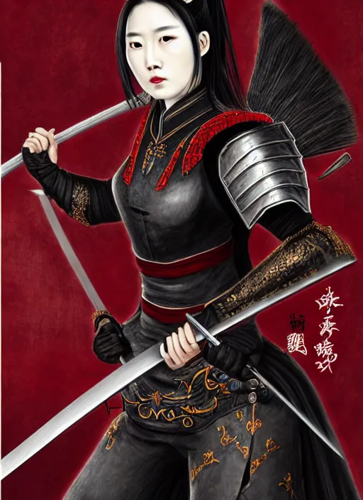 Image similar to full portrait of female vampire jinyiwei wearing black heavy armor and pointed helmet, stern, agile, elegant, imposing, jinyiwei, embroidered uniform guard, secret agent, detective, chinese armor, historical armor, pointed helmet, katana, nodachi, japanese sword, ming dynasty, detailed, realistic face, anatomically accurate, fantasy art.