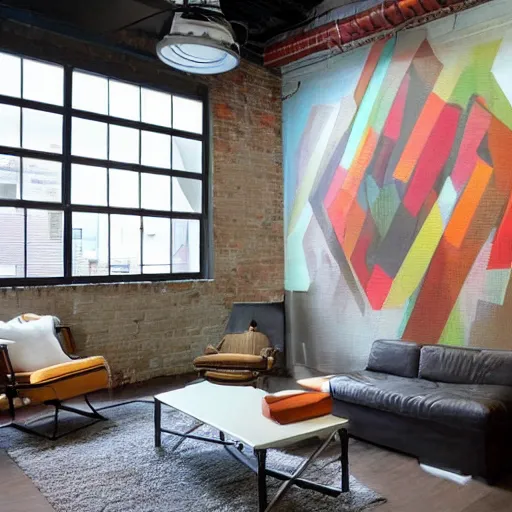 Prompt: trendy downtown loft with modern murals on the wall, contemporary art, and patterns, interior design, rustic industrial architecture