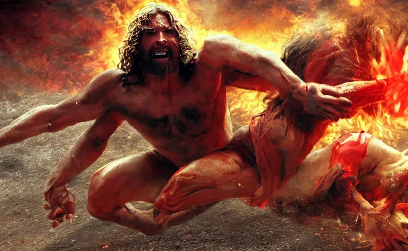 Image similar to hyperrealistic photo of Jesus Christ pummeling red-skinned Satan devil demon in the face on the floor, 8k cinematic, epic fight scene, directed by Michael Bay