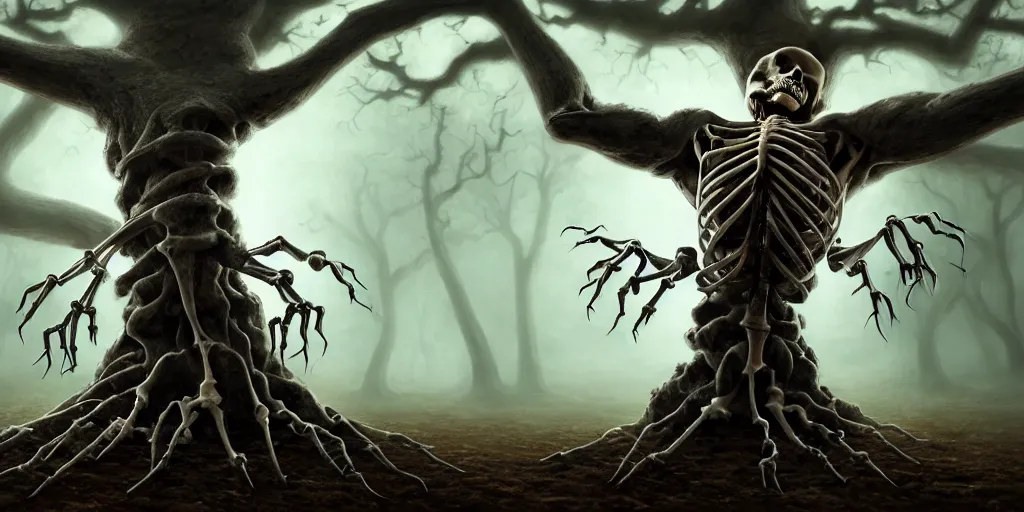 Prompt: a skeleton transforming into an oak tree, matte oil painting, concept art, dnd, branches, warm, clear, crisp, sharp, bones, award - winning, extremely detailed, 4 k, 8 k