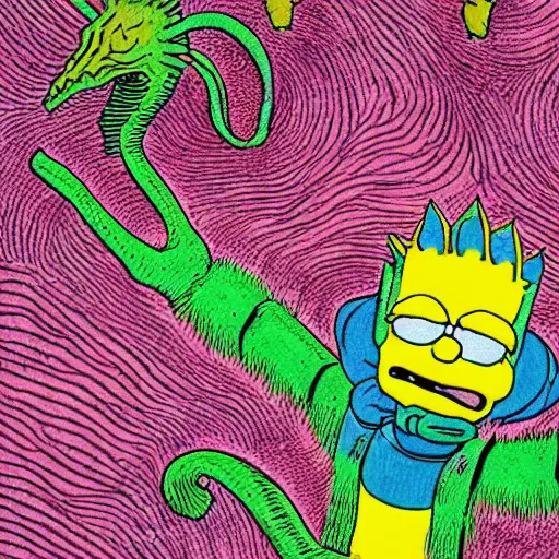 Image similar to illustration of alien creature that looks like bart simpson, in the style of wayne barlowe