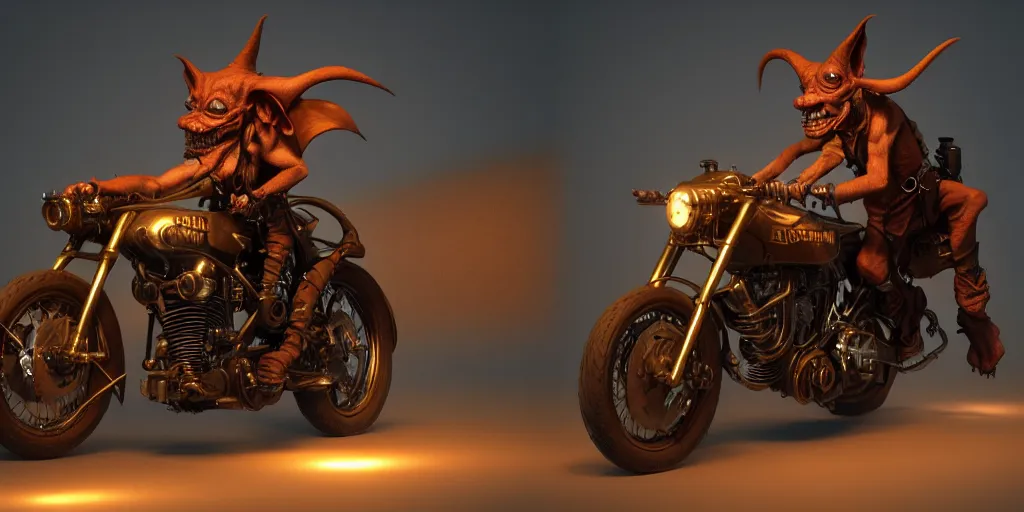 Prompt: a goblin riding a steampunk motorcycle, volumetric light, hyperdetailed, artstation, cgsociety, 8k