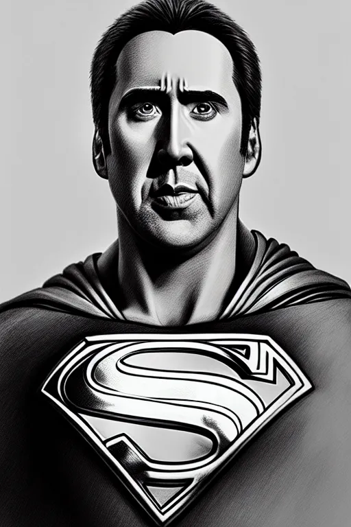 Image similar to portrait of nicolas cage as superman looking away from the camera, intricate, hyperrealistic, extremely detailed pencil drawing by simon stalenhag and greg rutkowski, artstation