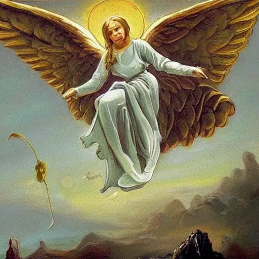 Image similar to the painting shows an angel riding a bird, in the sky over a vast realm, fantasy, epic, epic scale