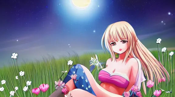 Image similar to Lucy Heartfilia sitting in a field of Clover | Big Moon at Night | GLOWING FLOWERS | strong blue rimlit | visual-key | anime illustration | highly detailed | in the style of Anmi