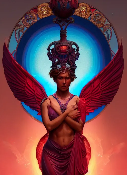 Image similar to nike godess of victory, wings, wax figure, glowing eyes, volumetric lights, red and cyan theme, art nouveau botanicals, intricate, highly detailed, digital painting, artstation, concept art, smooth, sharp focus, cinematic, illustration, beautiful face, art by artgerm and greg rutkowski and alphonse mucha