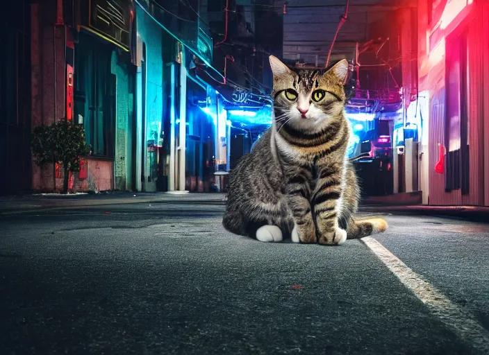 Image similar to photography of a Cat sitting on a box. in a cyberpunk street, award winning photo, led lighting, night, 24mm, sharp, high res