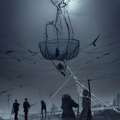 Image similar to a dramatic shot people looking at a giant fat biomechanical cocoon made of bones and cables with cyber muscles and pale skin hanging from the powerlines in a suburb during a foggy day with a flock of birds in the sky, trending on artstation