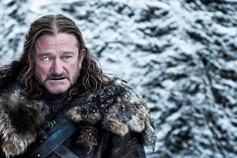 Prompt: promotional image of Robin Williams as Ned Stark in Game of Thrones, realistic, detailed face, movie still frame, promotional image, imax 70 mm footage
