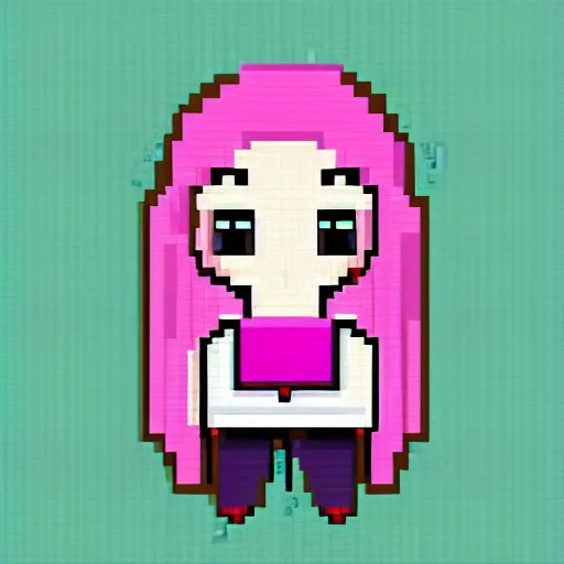 Image similar to portrait colorful anime girl with big eyes and pink hair eating ice cream pixel art