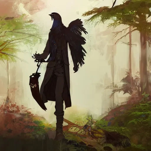 Image similar to concept art painting of a person with a head of a crow, with steampunk clothes, in the deep forest, realistic, detailed, cel shaded, in the style of makoto shinkai and greg rutkowski and james gurney