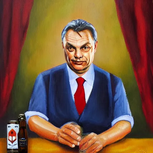 Image similar to viktor orban beer brewing at home, oil painting