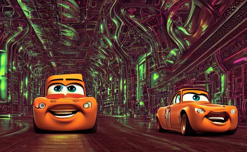 Image similar to mater from cars in a mirrored fractal hallway, romance novel cover, dmt visualization, in 1 9 9 5, y 2 k cybercore, industrial photography, still from a ridley scott movie