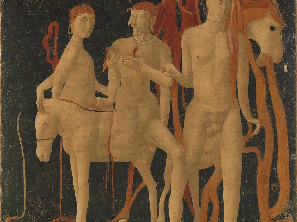Prompt: Portrait of a Tantric deity with horse. Piero della Francesca, Balthus